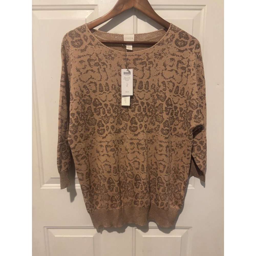 Chico's Sweater Tan & Bronze Metallic Women Animal Print 3/4 Sleeve Size 2 L NWT